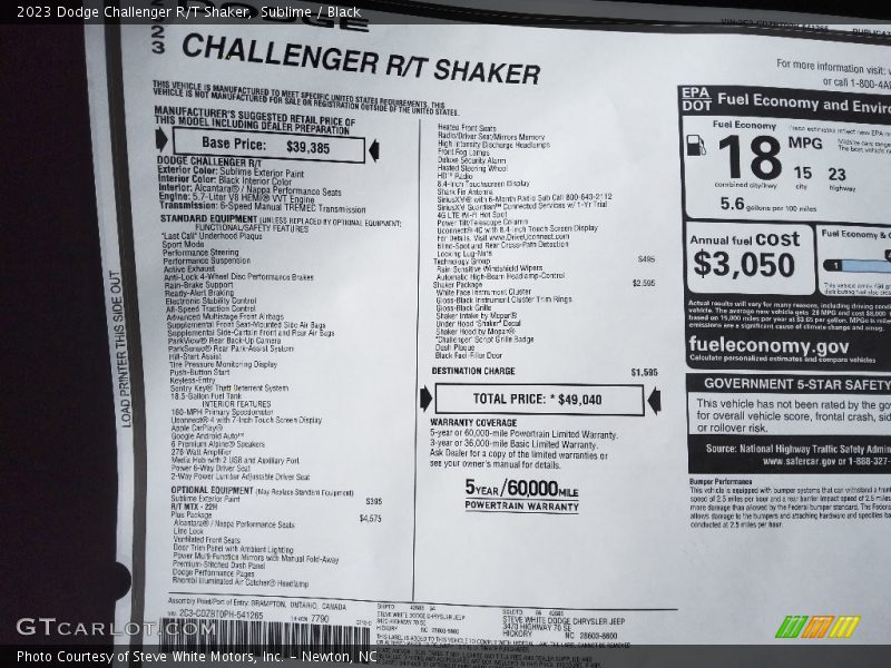  2023 Challenger R/T Shaker Window Sticker