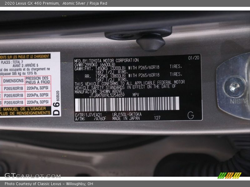 2020 GX 460 Premium Atomic Silver Color Code 1J7