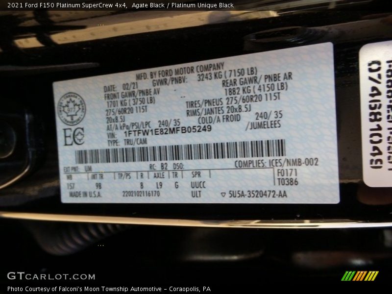 2021 F150 Platinum SuperCrew 4x4 Agate Black Color Code UM