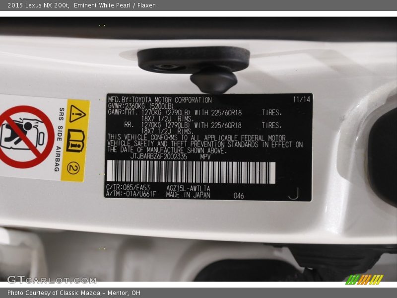 2015 NX 200t Eminent White Pearl Color Code 085
