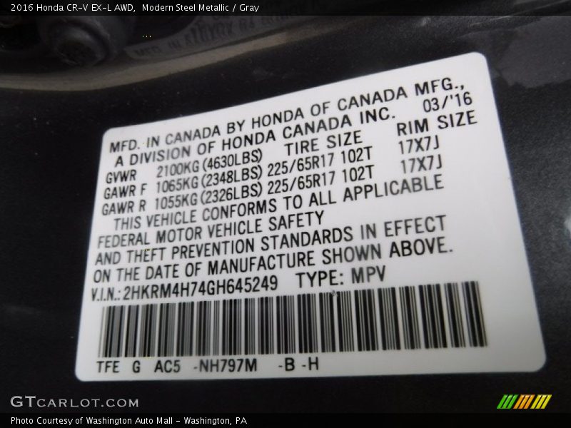 Modern Steel Metallic / Gray 2016 Honda CR-V EX-L AWD