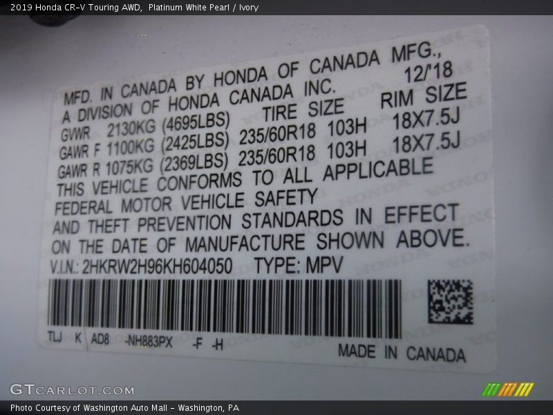 Platinum White Pearl / Ivory 2019 Honda CR-V Touring AWD