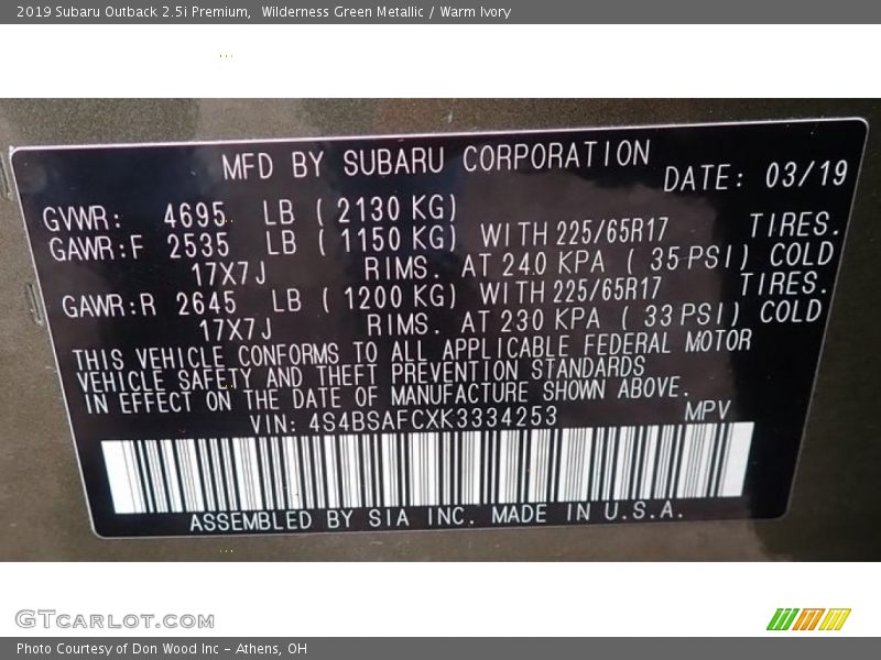 Wilderness Green Metallic / Warm Ivory 2019 Subaru Outback 2.5i Premium