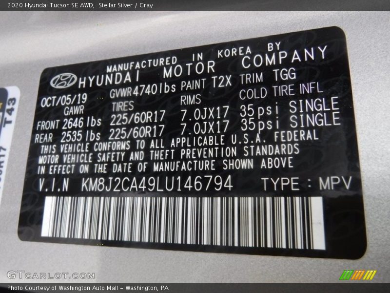 Stellar Silver / Gray 2020 Hyundai Tucson SE AWD