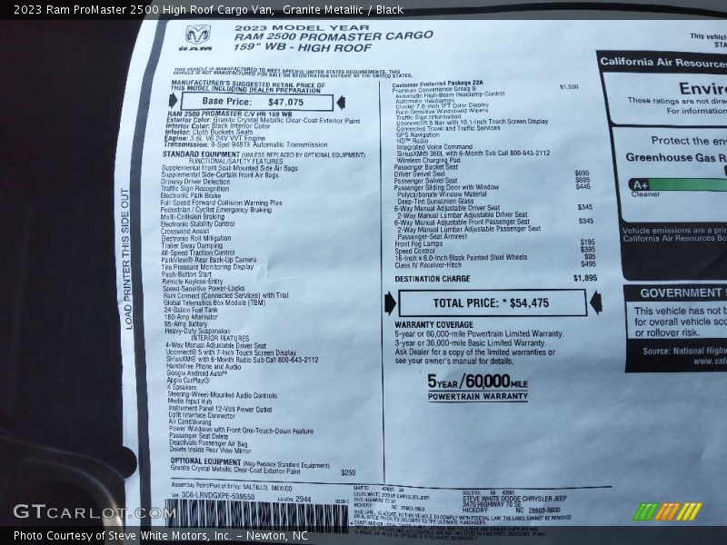  2023 ProMaster 2500 High Roof Cargo Van Window Sticker
