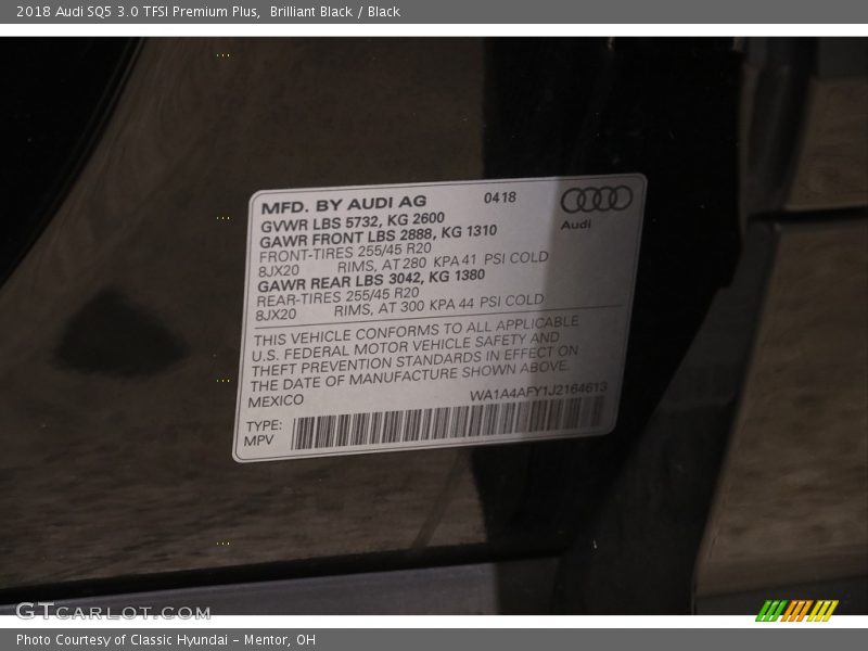 Brilliant Black / Black 2018 Audi SQ5 3.0 TFSI Premium Plus