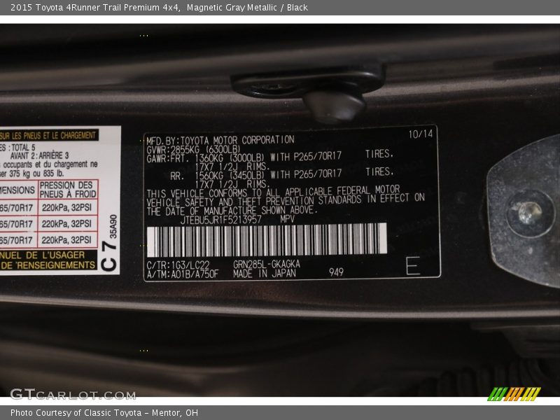 Magnetic Gray Metallic / Black 2015 Toyota 4Runner Trail Premium 4x4