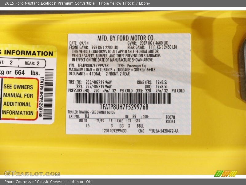 Triple Yellow Tricoat / Ebony 2015 Ford Mustang EcoBoost Premium Convertible