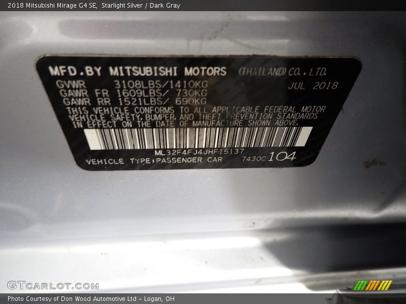 Starlight Silver / Dark Gray 2018 Mitsubishi Mirage G4 SE