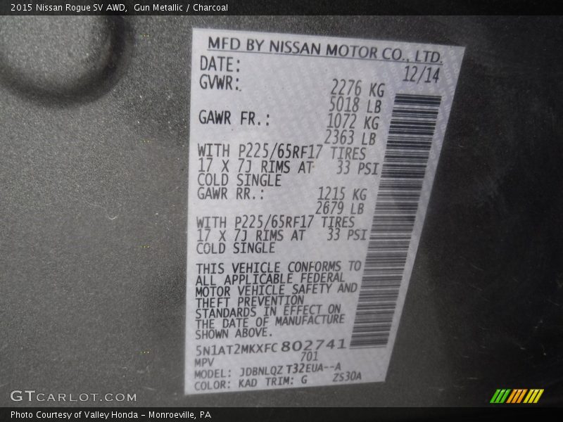 2015 Rogue SV AWD Gun Metallic Color Code KAD