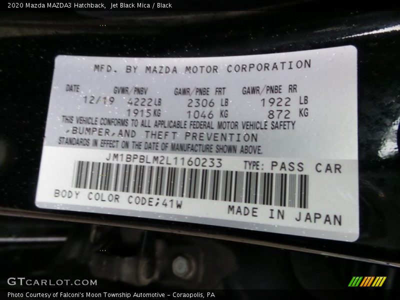 2020 MAZDA3 Hatchback Jet Black Mica Color Code 41W