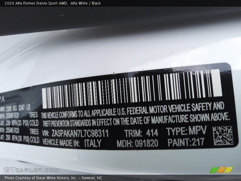 2020 Stelvio Sport AWD Alfa White Color Code 217