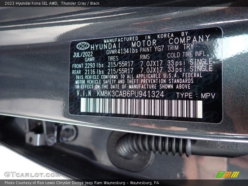 2023 Kona SEL AWD Thunder Gray Color Code YG7