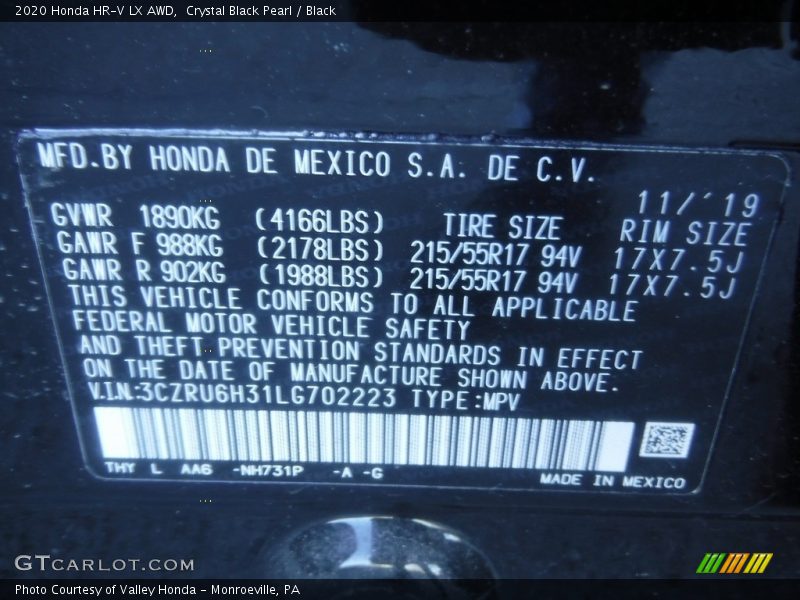 Crystal Black Pearl / Black 2020 Honda HR-V LX AWD