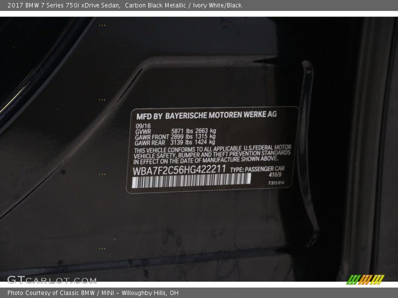 Carbon Black Metallic / Ivory White/Black 2017 BMW 7 Series 750i xDrive Sedan