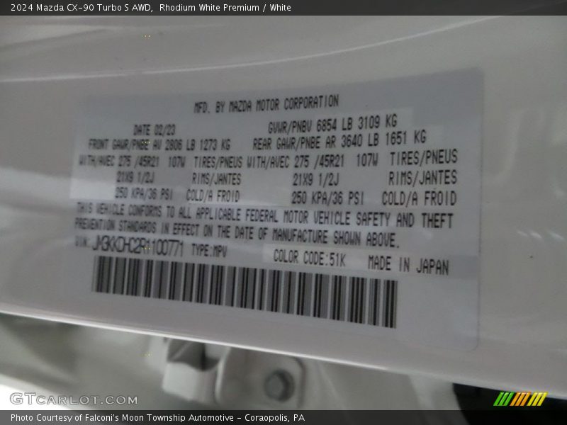 2024 CX-90 Turbo S AWD Rhodium White Premium Color Code 51K