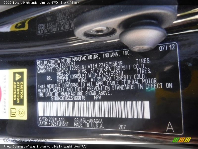 Black / Black 2012 Toyota Highlander Limited 4WD