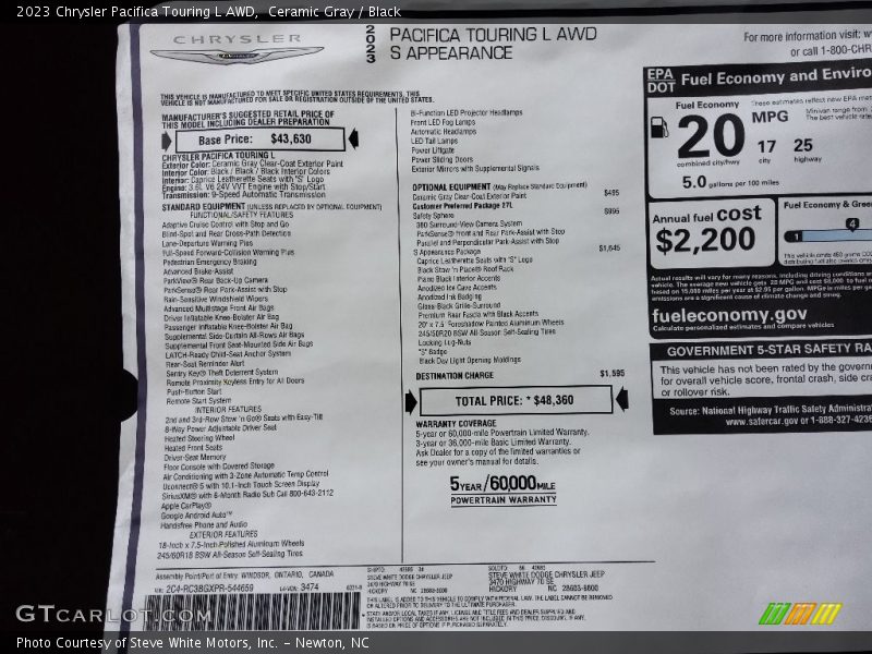  2023 Pacifica Touring L AWD Window Sticker