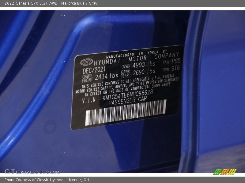 2022 G70 3.3T AWD Mallorca Blue Color Code PS5