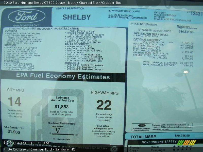 Black / Charcoal Black/Grabber Blue 2010 Ford Mustang Shelby GT500 Coupe