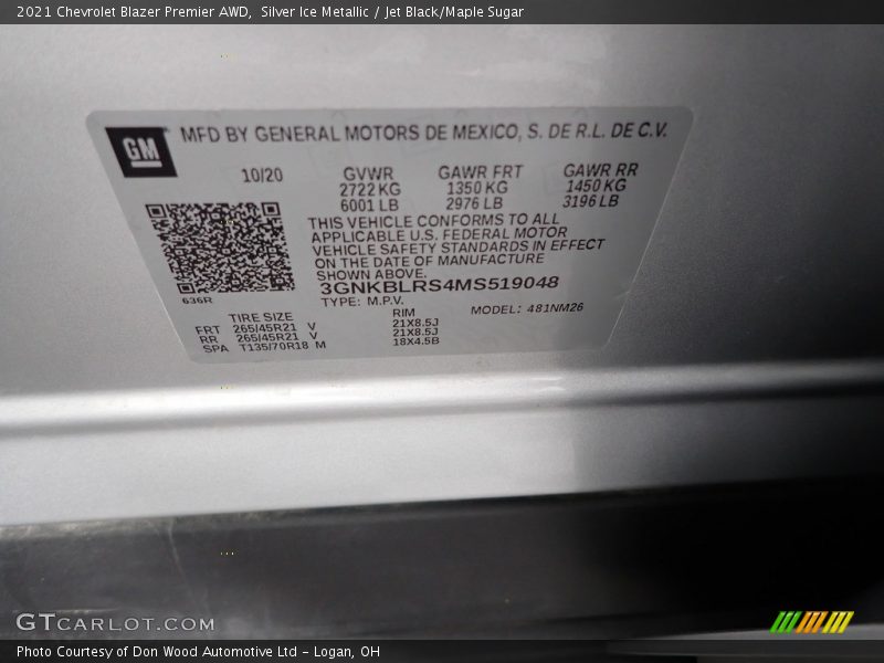 Silver Ice Metallic / Jet Black/Maple Sugar 2021 Chevrolet Blazer Premier AWD