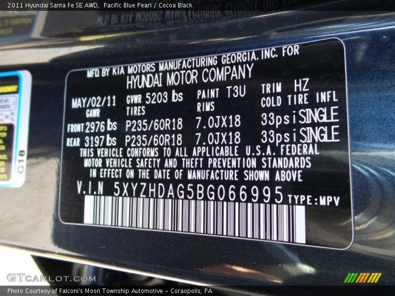 Pacific Blue Pearl / Cocoa Black 2011 Hyundai Santa Fe SE AWD