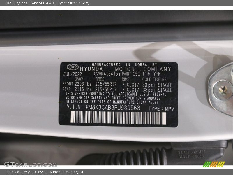 Cyber Silver / Gray 2023 Hyundai Kona SEL AWD