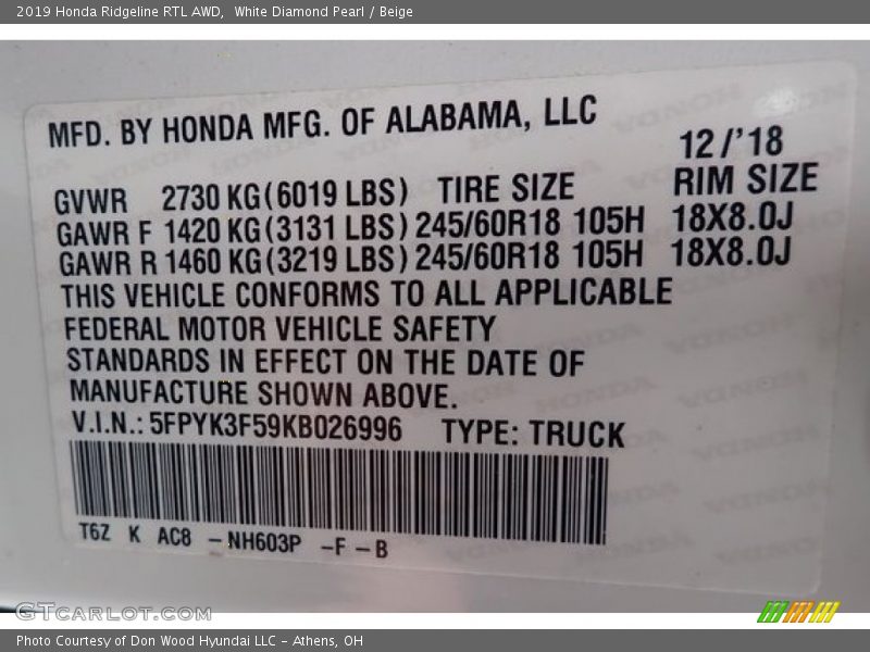 White Diamond Pearl / Beige 2019 Honda Ridgeline RTL AWD