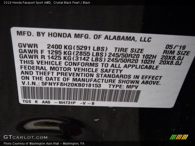 Crystal Black Pearl / Black 2019 Honda Passport Sport AWD