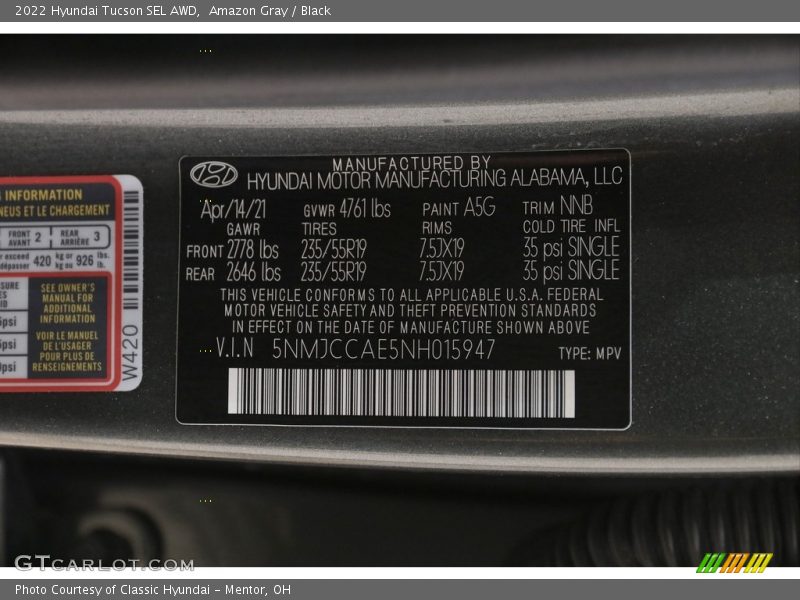 Amazon Gray / Black 2022 Hyundai Tucson SEL AWD
