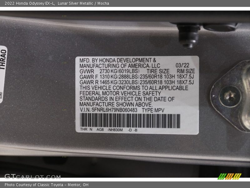 Lunar Silver Metallic / Mocha 2022 Honda Odyssey EX-L