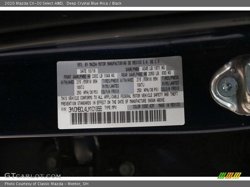 Deep Crystal Blue Mica / Black 2020 Mazda CX-30 Select AWD