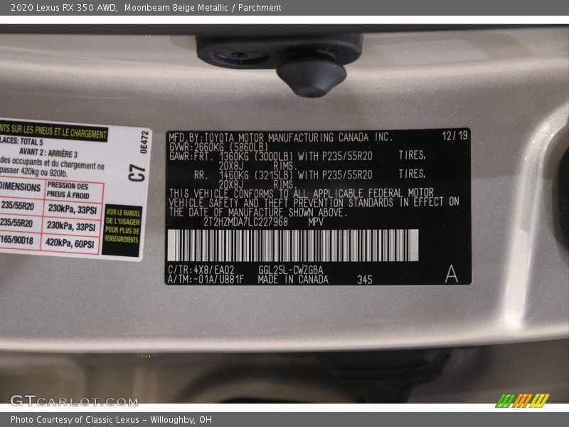 2020 RX 350 AWD Moonbeam Beige Metallic Color Code 4X8