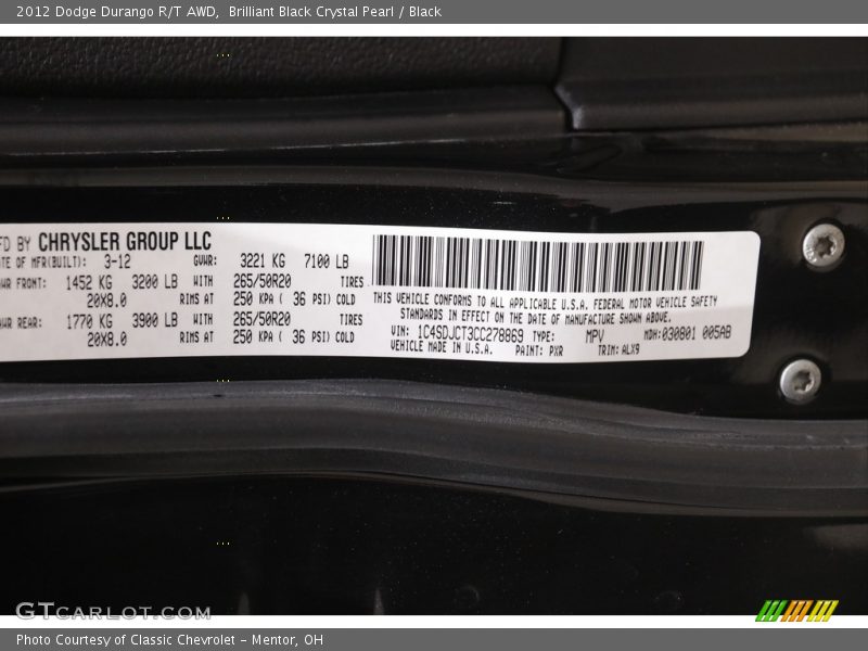 Brilliant Black Crystal Pearl / Black 2012 Dodge Durango R/T AWD