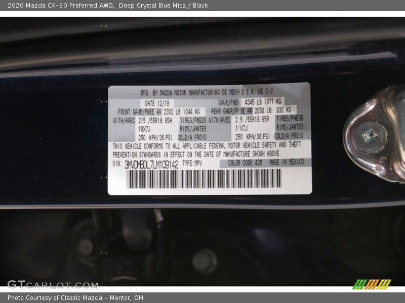 Deep Crystal Blue Mica / Black 2020 Mazda CX-30 Preferred AWD