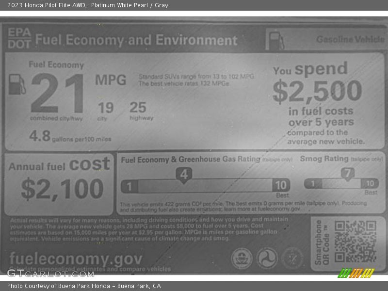 Platinum White Pearl / Gray 2023 Honda Pilot Elite AWD