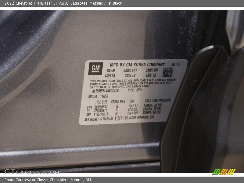 Satin Steel Metallic / Jet Black 2022 Chevrolet TrailBlazer LT AWD