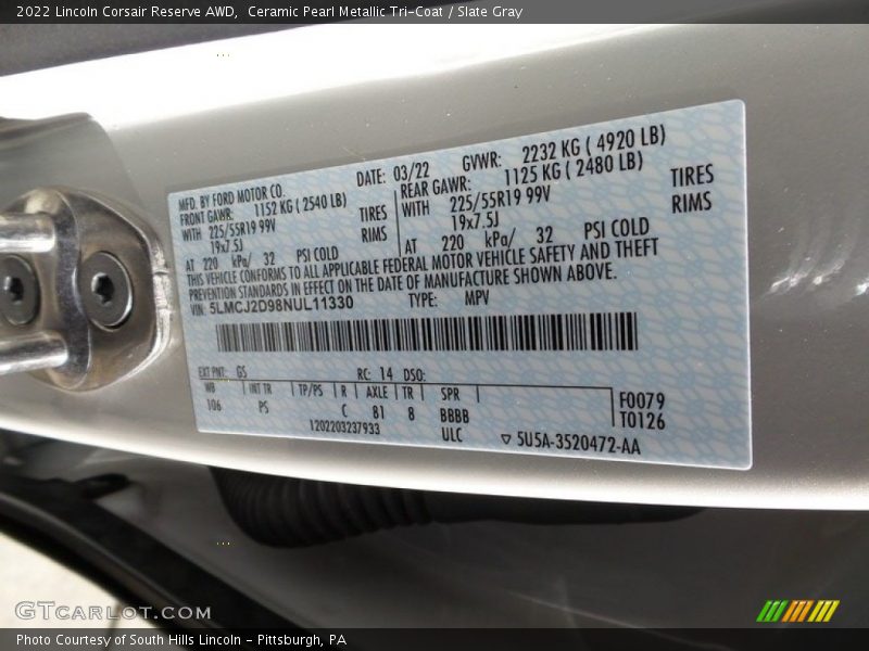 2022 Corsair Reserve AWD Ceramic Pearl Metallic Tri-Coat Color Code GS