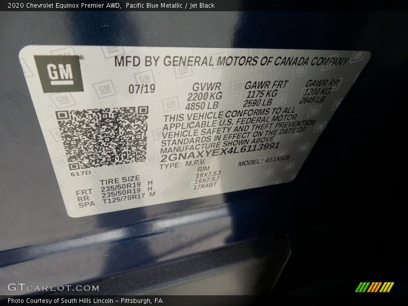 Pacific Blue Metallic / Jet Black 2020 Chevrolet Equinox Premier AWD