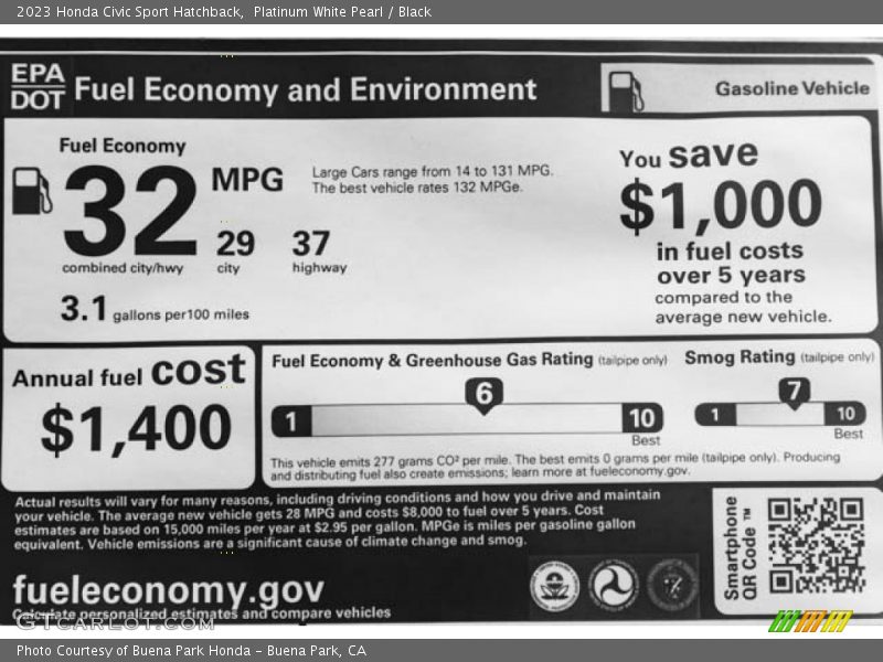 Platinum White Pearl / Black 2023 Honda Civic Sport Hatchback