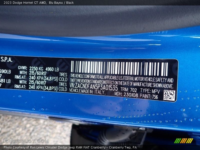 2023 Hornet GT AWD Blu Bayou Color Code 756