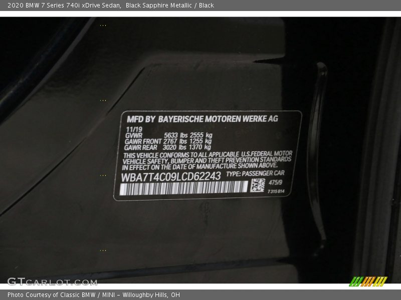 Black Sapphire Metallic / Black 2020 BMW 7 Series 740i xDrive Sedan