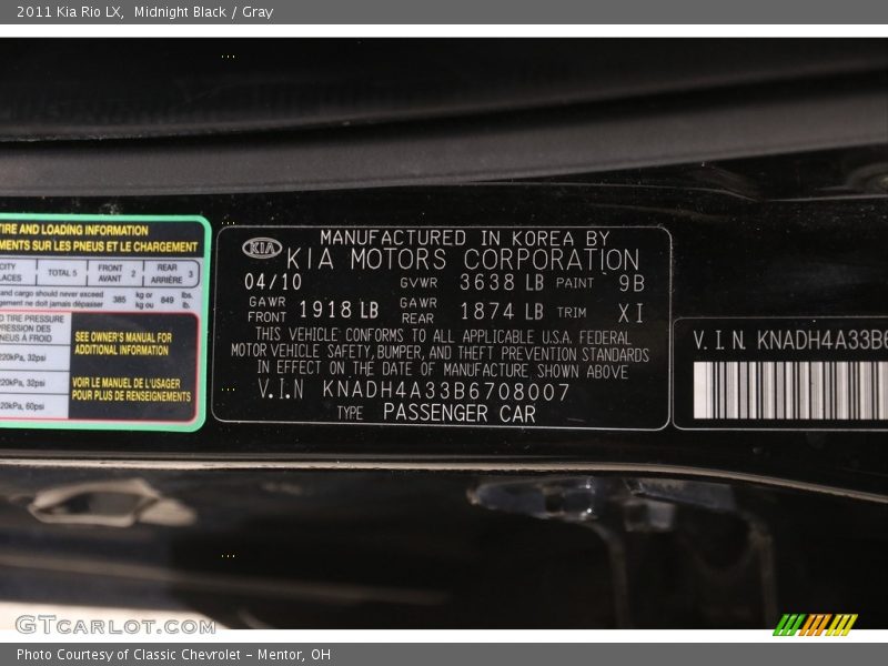 Midnight Black / Gray 2011 Kia Rio LX