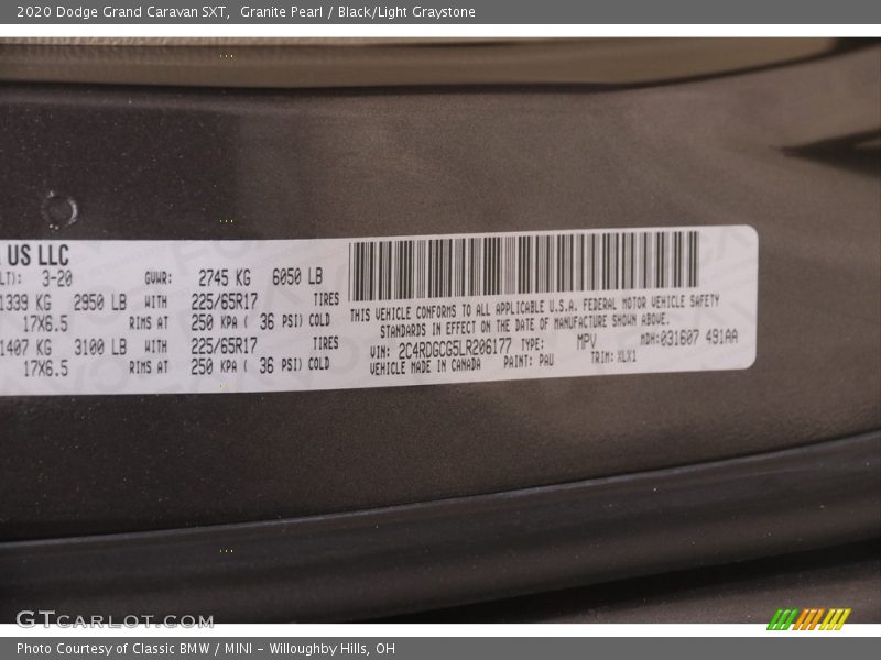 Granite Pearl / Black/Light Graystone 2020 Dodge Grand Caravan SXT