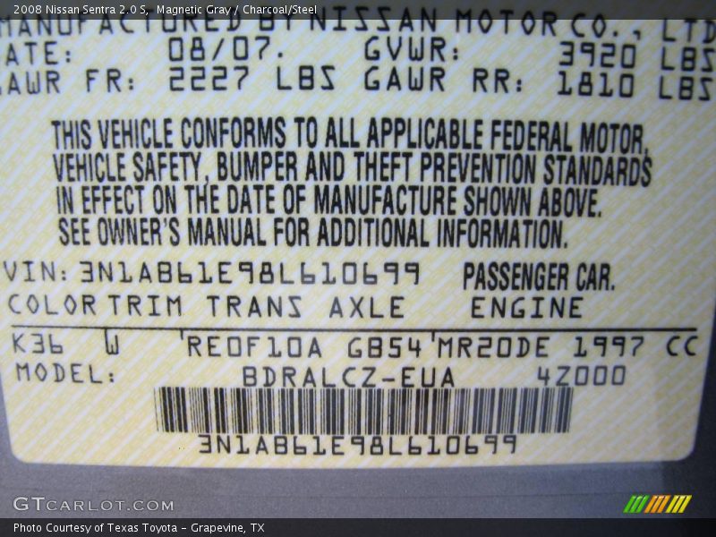 Magnetic Gray / Charcoal/Steel 2008 Nissan Sentra 2.0 S