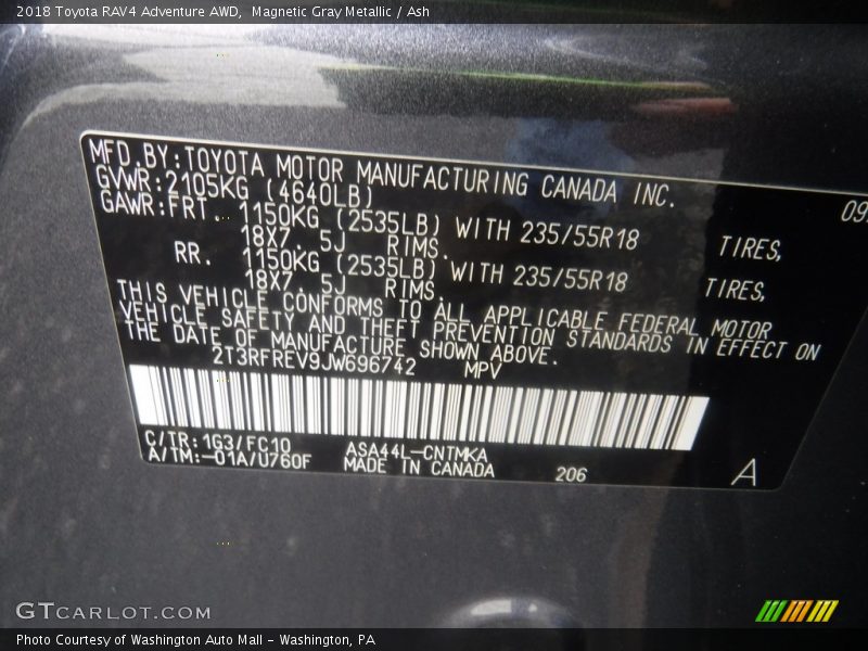 Magnetic Gray Metallic / Ash 2018 Toyota RAV4 Adventure AWD