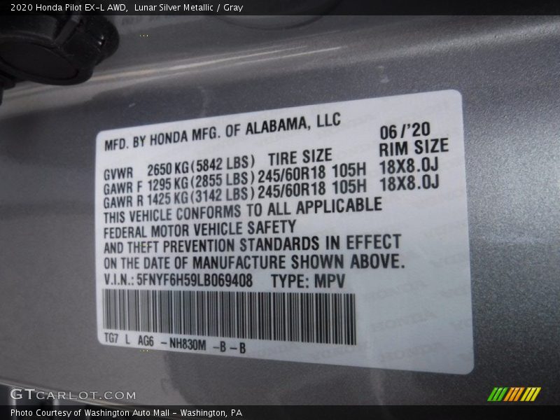 Lunar Silver Metallic / Gray 2020 Honda Pilot EX-L AWD