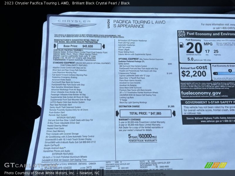  2023 Pacifica Touring L AWD Window Sticker