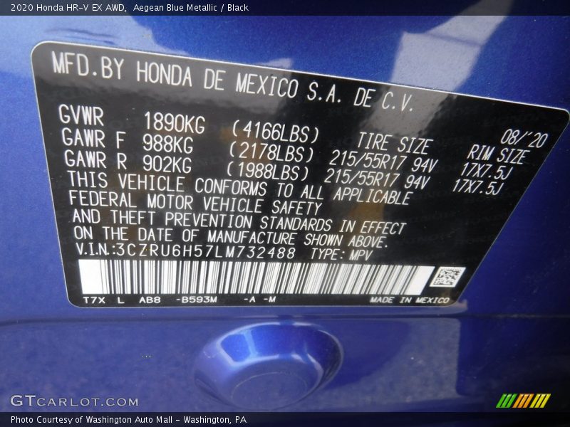 Aegean Blue Metallic / Black 2020 Honda HR-V EX AWD