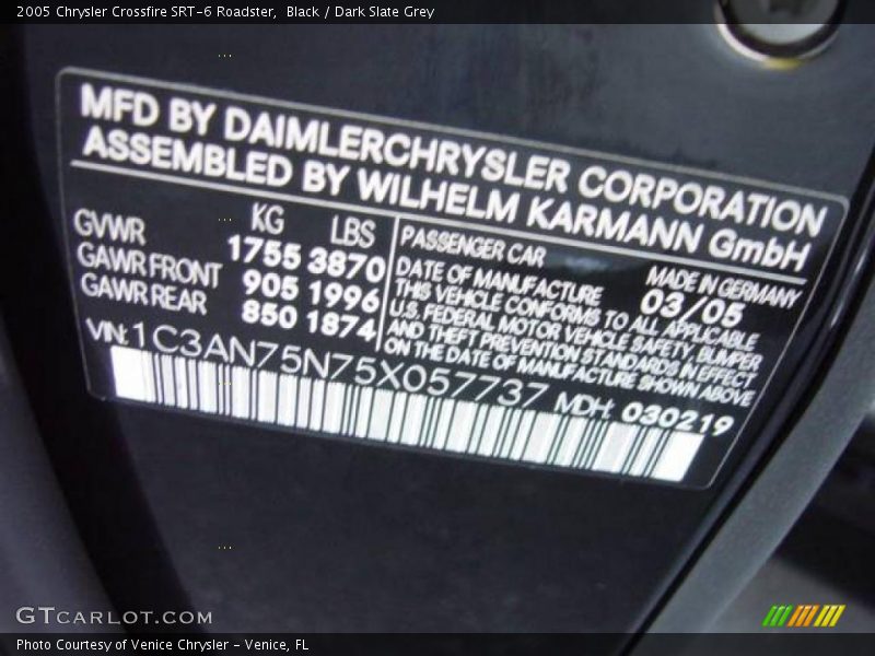 Info Tag of 2005 Crossfire SRT-6 Roadster